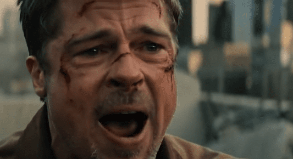 Brad Pitt and Tom Cruise sitting in a luxurious living room, looking surprised while watching a screen with deepfake content.