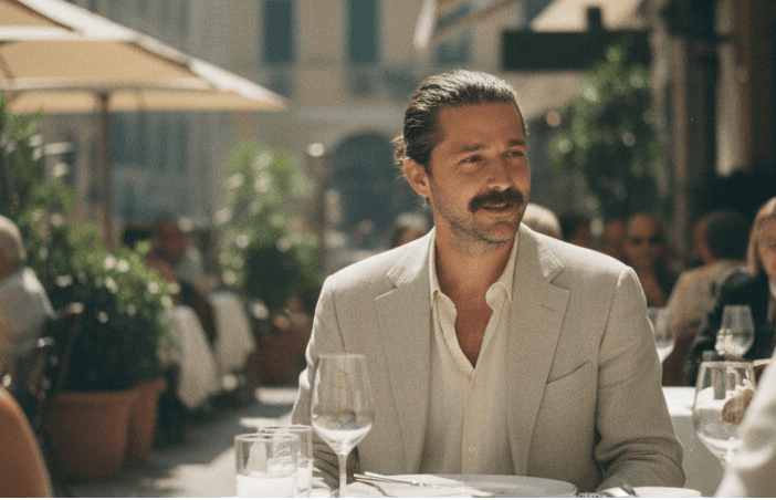 Shia LaBeouf walking alone down a street, wearing a black jacket and jeans, with a solemn expression on his face.
