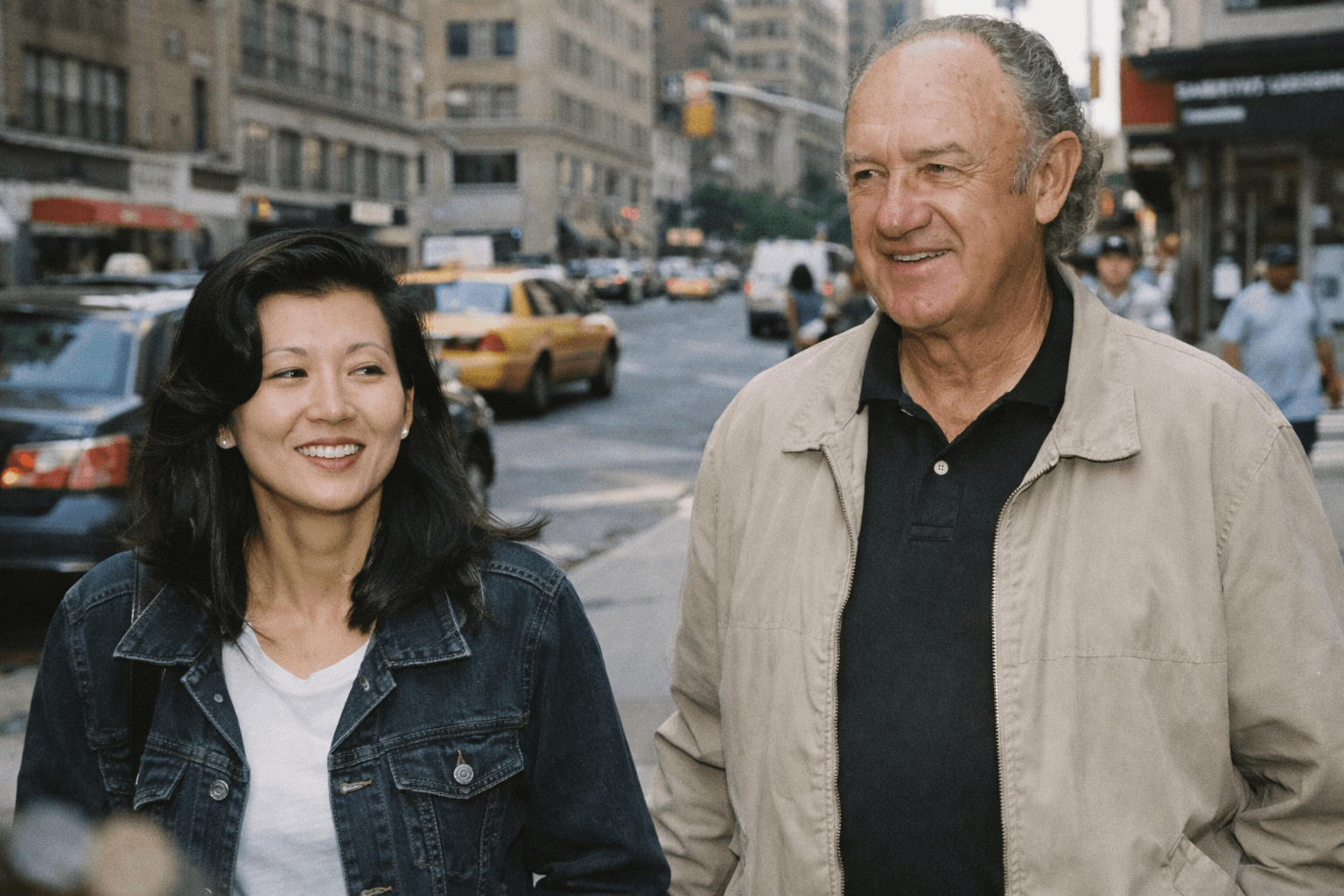 Gene Hackman in a black suit and tie, smiling, with a soft-focus background of a garden during a sunny day.