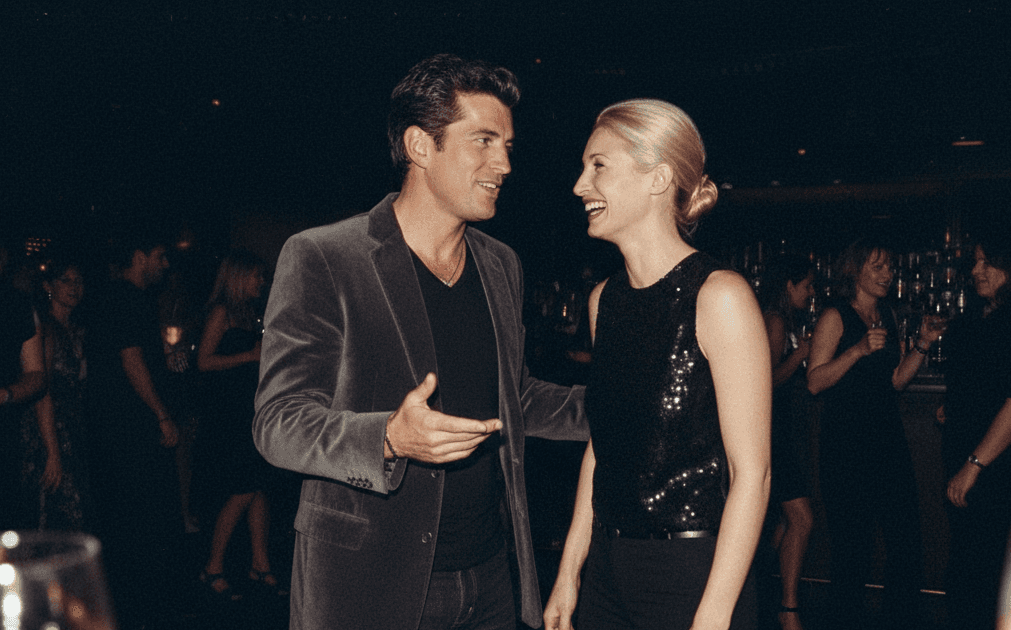 Carolyn Bessette Kennedy and JFK Jr. walking hand in hand on a beach, wearing casual summer outfits and smiling at each other