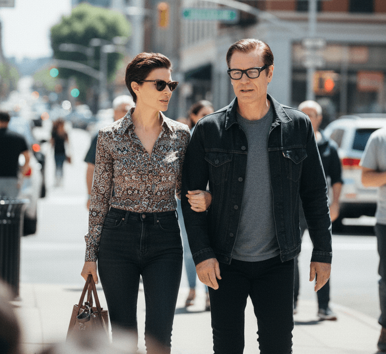Lisa Rinna wearing a form-fitting black dress with gold accessories, sitting on a couch and speaking into a microphone.
