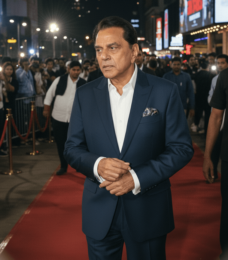 Dharmendra smiling at a previous awards ceremony, wearing a classic black tuxedo with a bow tie.